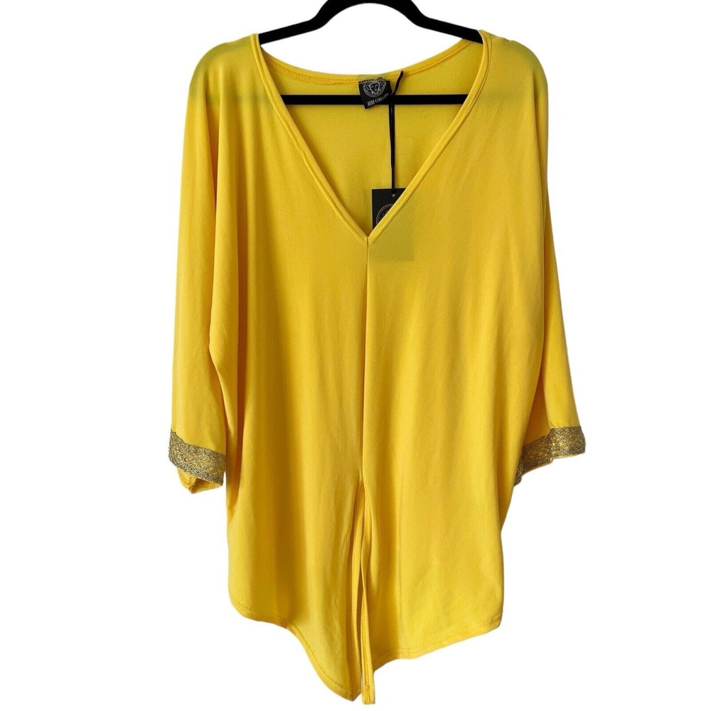 NWD Aum Couture Yellow Pullover Drapey Embroidered Sleeve Blouse Women’s Size XS